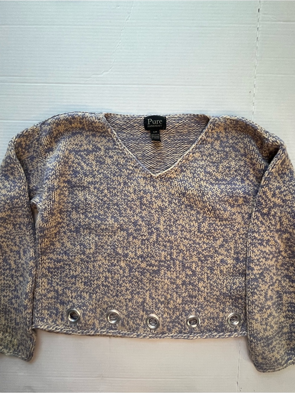 PURE Marled Blue-Cream V-Neck Sweater with Eyelet Hem Detail